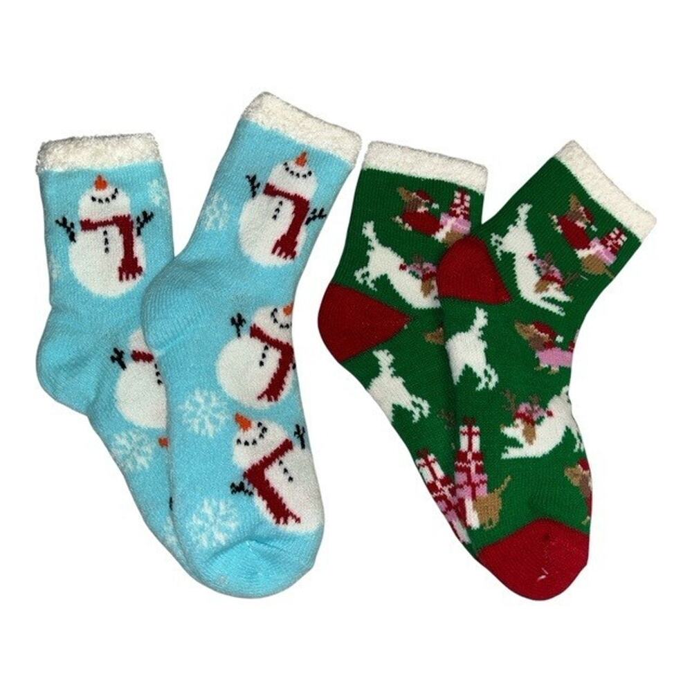 2 Pairs Magellan Outdoors Lodge Crew Socks Snowman Santa Helper Aloe Infuse 6-10